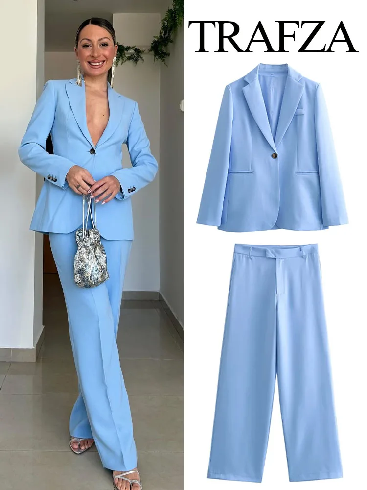TRAFZA Woman Suit Blue Turn-Down Collar Long Sleeves Pockets Single Button+Mid Waist Pockets Zipper Wide Leg Pants Female Sets