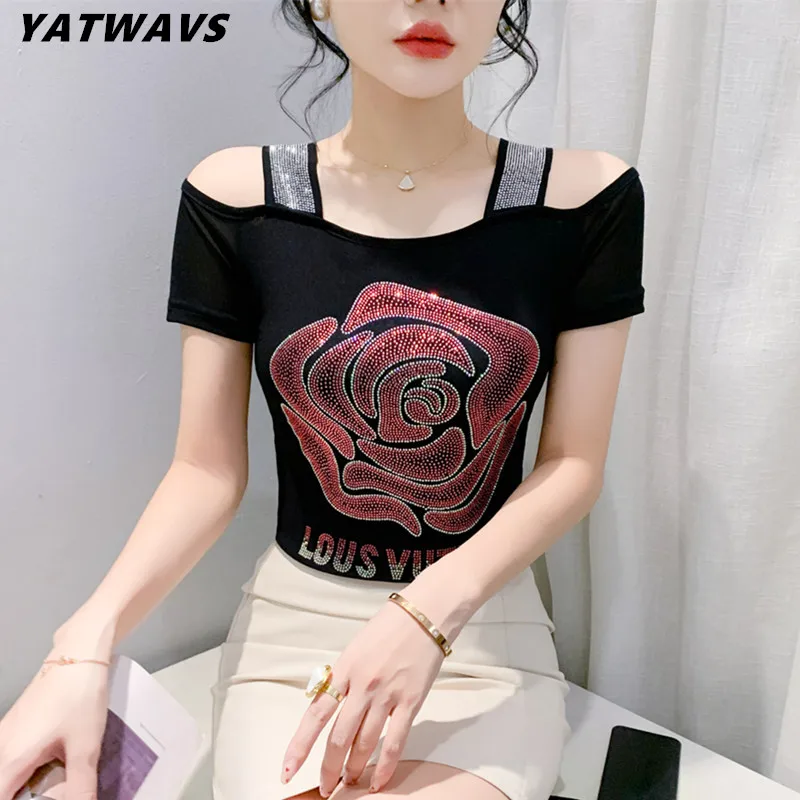 High Quality Summer Shiny Golden Rose Diamonds T-Shirts Women Sexy Off Shoulder Short Sleeve Top New Fashion Girl Slim Mesh Tees