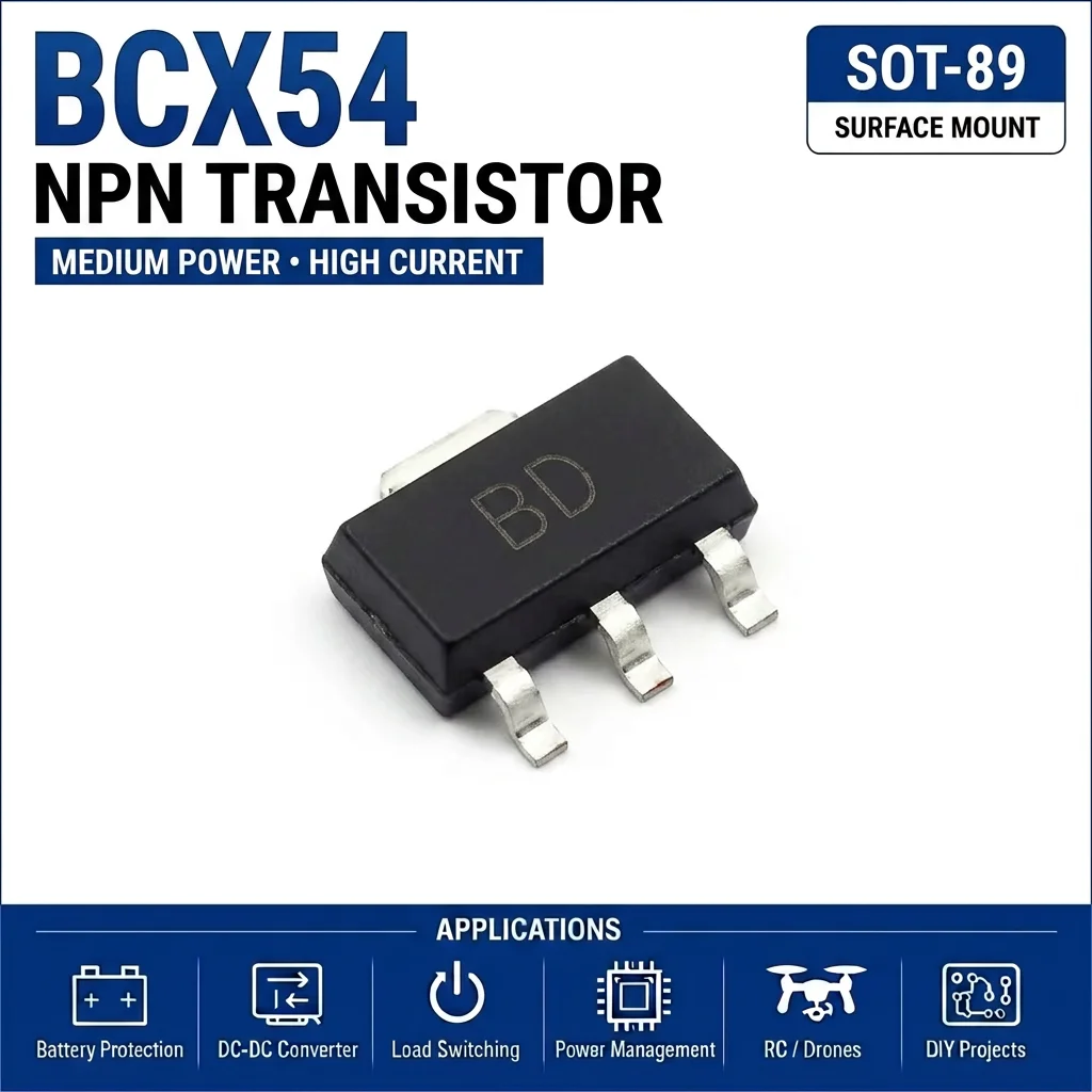 (100 pcs) BCX54 SOT-89 (Marking BD) NPN Medium Power Transistor 45V 1A 1.35W