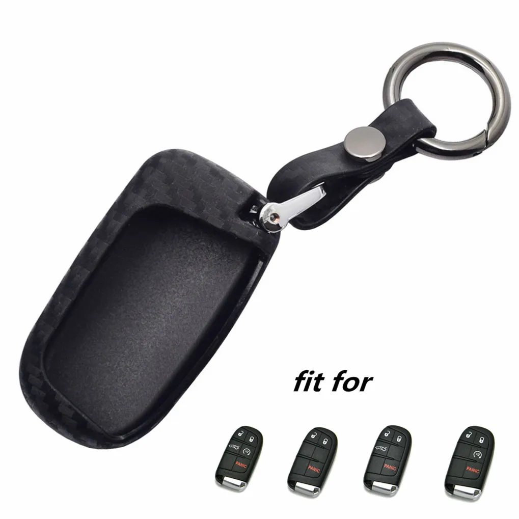 

WFMJ Black For Dodge Chrysler Jeep Carbon Fiber Silicone Smart Key Chain Cover Case