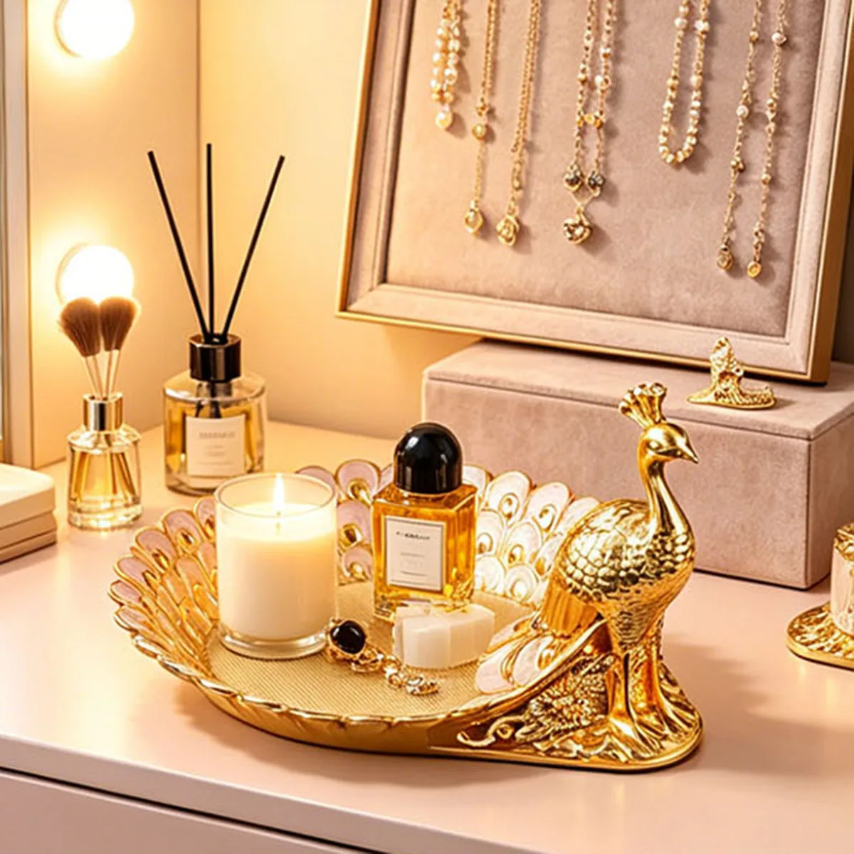 Golden Peacock Decorative Tray - Luxury Home Storage & Ornament Tray for Bedroom, Living Room, Dining Table