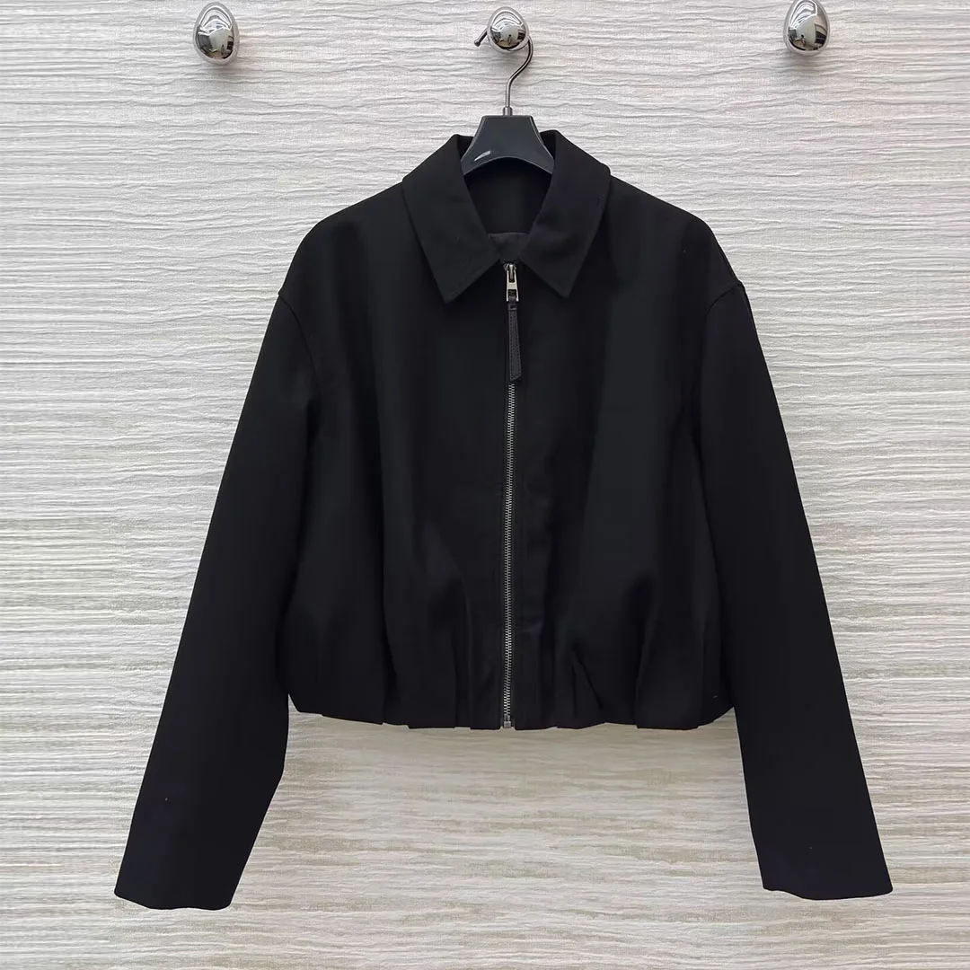

New Spring Autumn High Street Vintage Black Slim Waist Pleated Jacket Women Lapel Long Sleeve Zipper Loose Casual Short Coat