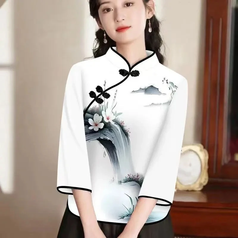 

Футболка Cheongsam с семи рукавами и пряжкой, женская одежда в китайском стиле, утягивающая женская одежда в этническом стиле с принтом