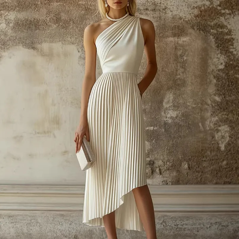 Women's Fashion White Satin One Shoulder Midi Dress For Women Pleated Asymmetrical Hem Dress Elegant Party Evening Outfit
