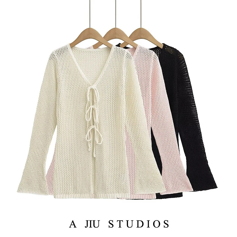

Design Sensation Hollow out Knitted Long Sve Women's Jaet Belted Open Cardigan Street Sle Polyester Fiber V-Ne Mid-L...