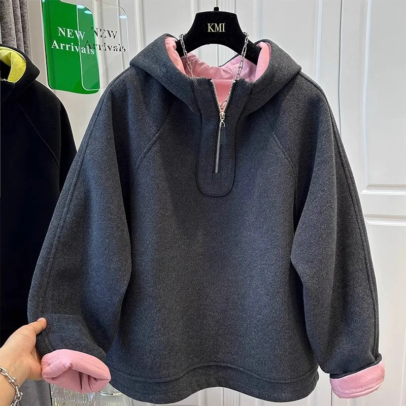 

Мужская зимняя утепленная толстовка с капюшоном из шерсти, свободного кроя, теплая, из полиэстера, с цветными вставками, повседневная уличная одежда