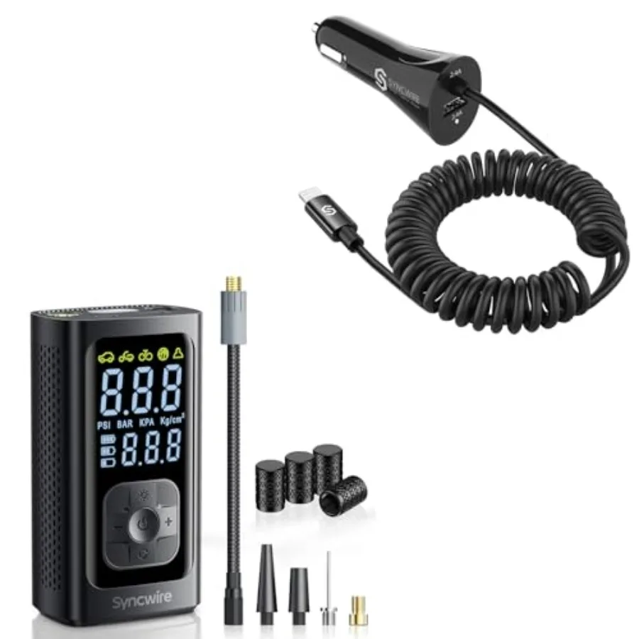 

Автомобильное зарядное устройство для iPhone [сертифицированный Apple MFi] и портативный воздушный компрессор для накачивания шин, быстрая зарядка со светодиодным дисплеем, компактный дизайн