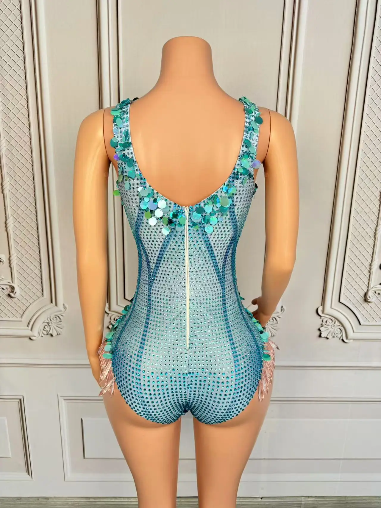 Women Sparkly Rhinestones Sequins Blue Sleeveless Bodysuit Sexy Performance Dance Costume Nightclub Singer Dancer Stage Wear