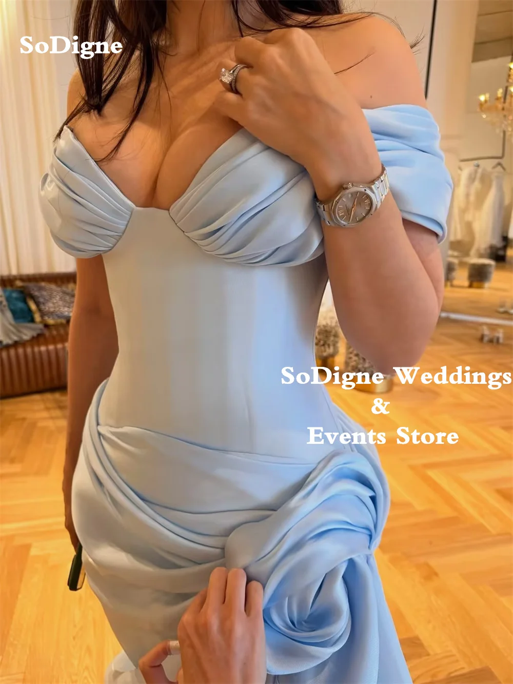 SoDigne Light Blue Mermaid Prom Dress Pleats Off-Shoulder Evening Dresses 3D Rose Flower Party Dress 2026 Customized