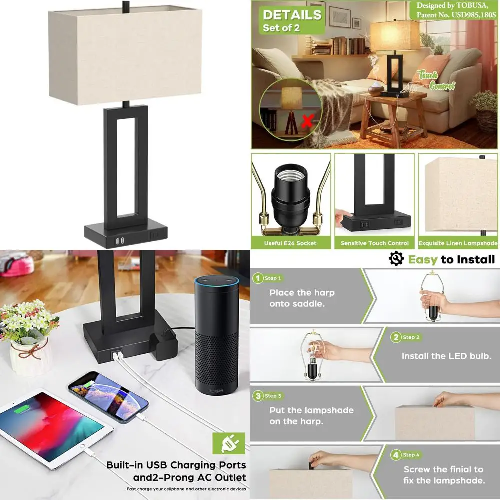 

Pair of 3-Way Dimmable Touch Control Table Lamps with USB Ports, Fabric Shade for Bedroom, Living Room Reading