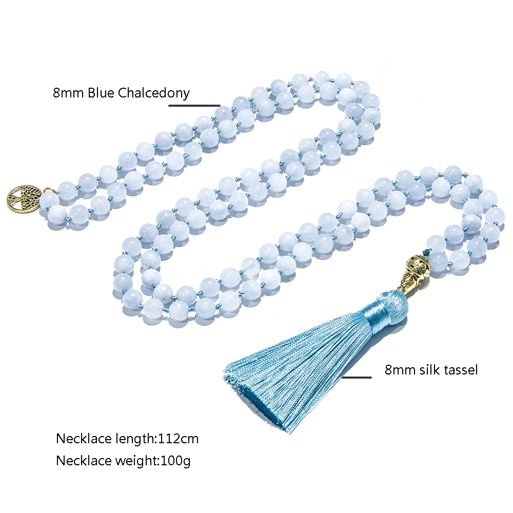 8mm Blue Chalcedony Knotted 108 Beaded Mala Necklace Meditation Yoga Prayer Jewelry Japamala Rosary For Men And Women