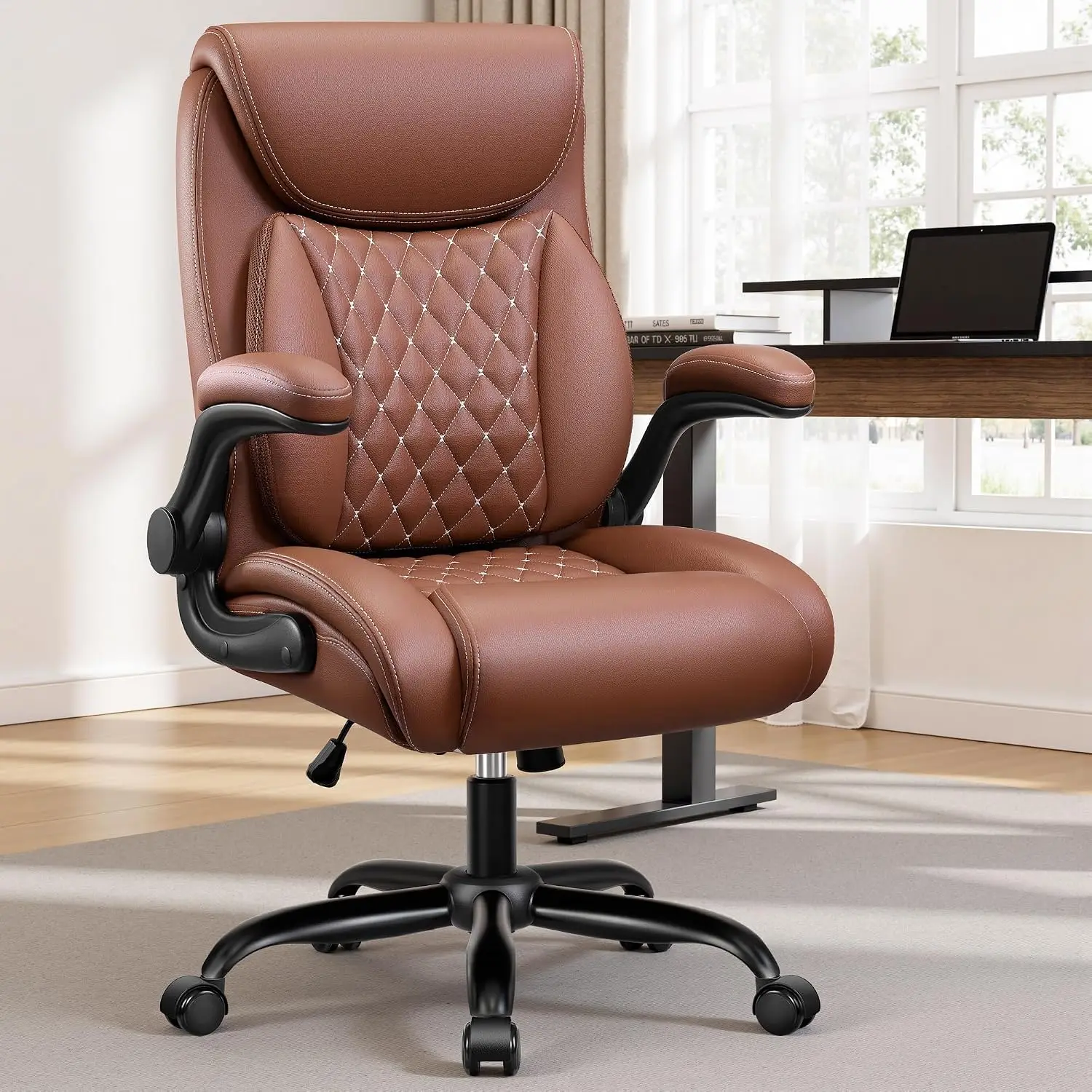 Office Chair, Ergonomic Desk Chair with Lumbar Support for Lower Back Pain Relief, Executive Leather Chair with Padded Flip-up A