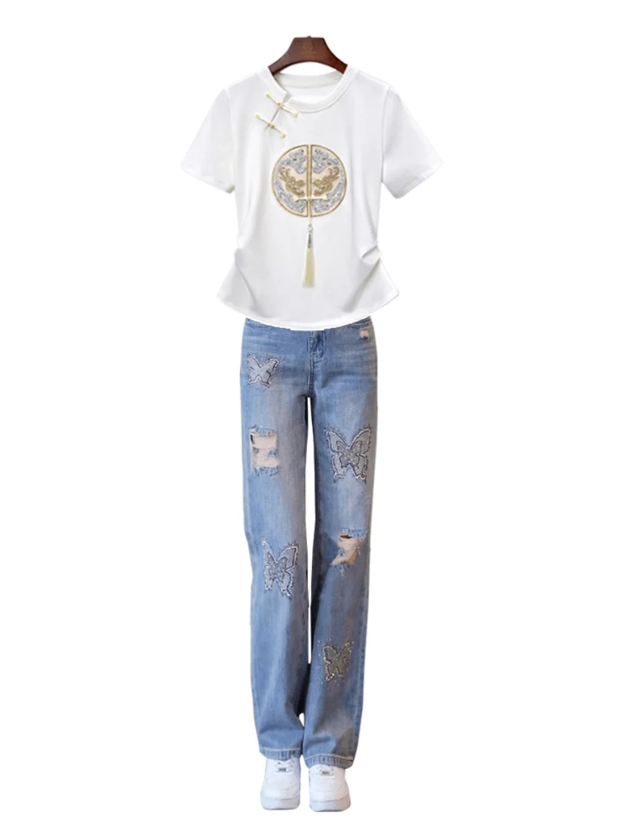 Summer Faion Embroidered ort Sve Slim Fit Jeans Set Anti-Aging Trendy Top Loose Diamond Decorated Two-Piece Suit