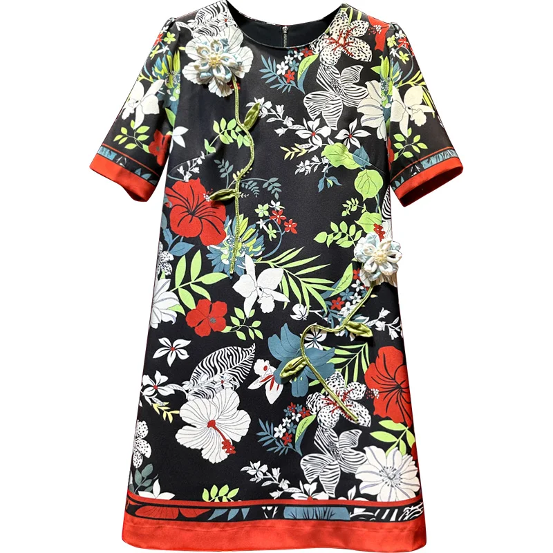 Vintage palácio impressão feminina mini vestido contas tridimensionais flores o pescoço vestido de manga curta elegante senhora vestidos formais