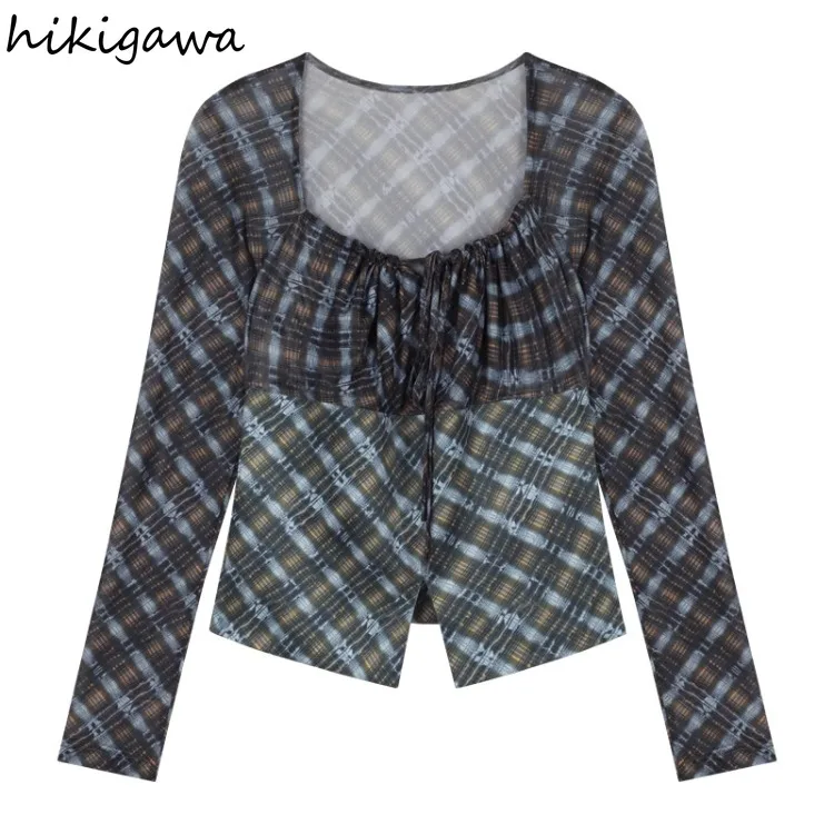 Shirts for Women Vintage Plaid Long Sleeve Tees Fashion Gauze Square Collar Tunic Tees Y2k T Shirts Bandage Vintage Crop Tops