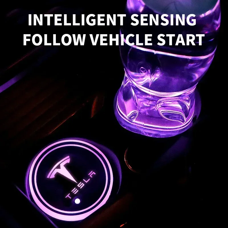Car Colorful Led Atmosphere Light Cup Luminous Coaster Holder For Tesla Model 3 S X Y Style Roadster Invader Coil Mod WYE K80