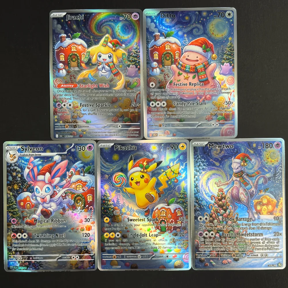 5Pcs Pokemon Cards PTCG Oil Painting Style Sylveon Jirachi Ditto Mewtwo Rare Trading Card Set Pokemon Christmas Present Kid Gift