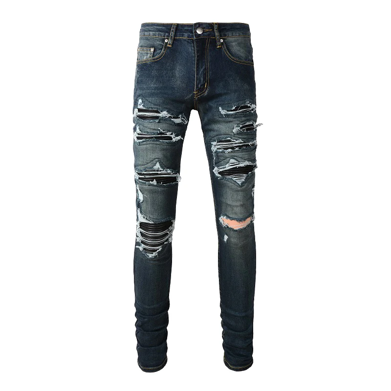 

High Street Tide Men's Broken Holes Patchwork Patch Elastic Jeans Slim Washed and Ground White Dark Navy Denim Casual Trousers