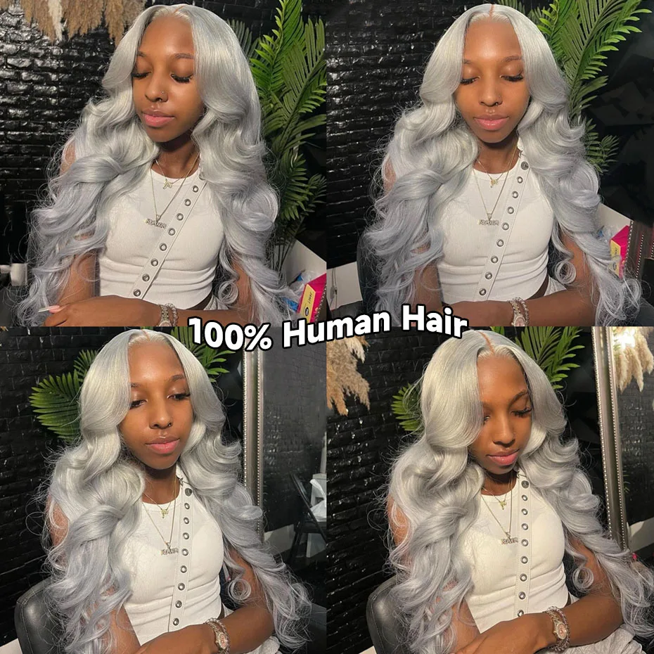 13x6 Silver Grey Colored Lace Front Wigs For Women 613 Blonde Body Wave Remy Transparent Lace Frontal Human Hair Wig Pre Plucked