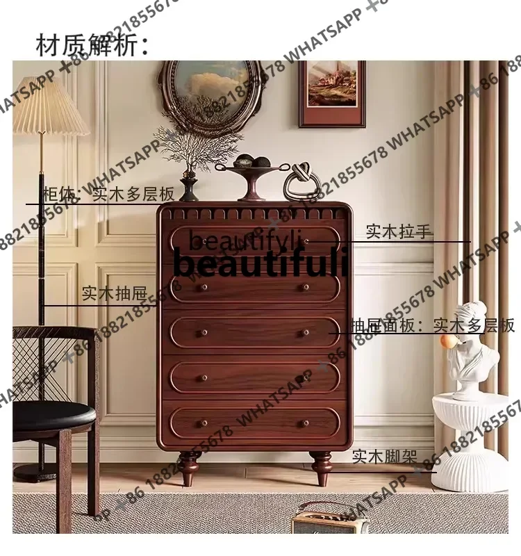 French Style Chest of Drawers Living Room Sofa Side Cabinet TV Five-Drawer Retro Solid Wood Storage Cabinet