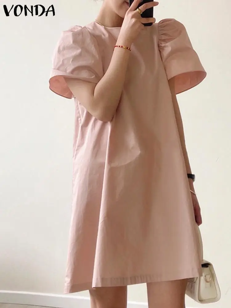 Summer Women Mini Dress Fashion Casual Holiday Sundress VONDA 2024 Elegant Short Puff Sleeve Pleated Robe Party Oversized Dress