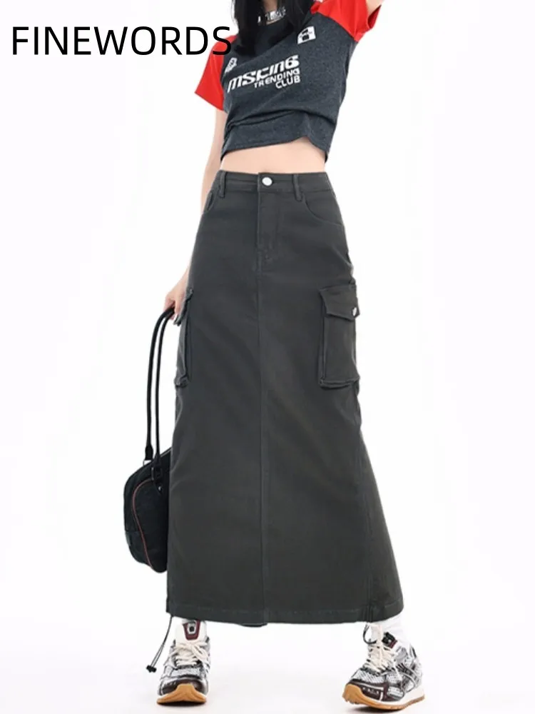 FINEWORDS Summer High Waist Retro Multi-pocket Denim Skirt Women Korean Casual Drawstring Long Skirt Streetwear Cool Midi Skirts