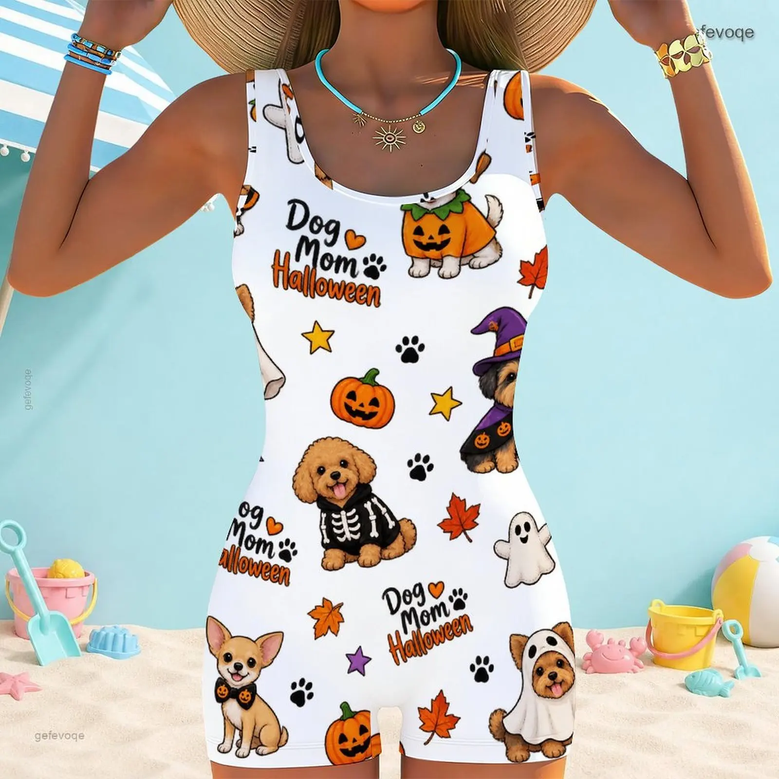 Women Sleeveless Square Neck One Piece Boyshort Swimsuit, Printed Halloween Dog Pumpkin Ghost Paw Maple Leaf Pattern