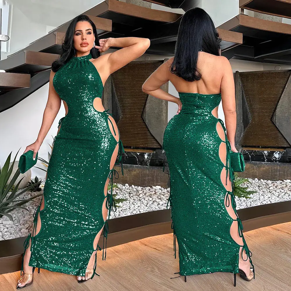 Ele Sexy Lange Dr Hollow out Bead Strap ves Hoge Kraag Lente Pendelen Sle Dames Dr Sli Wikkelrok