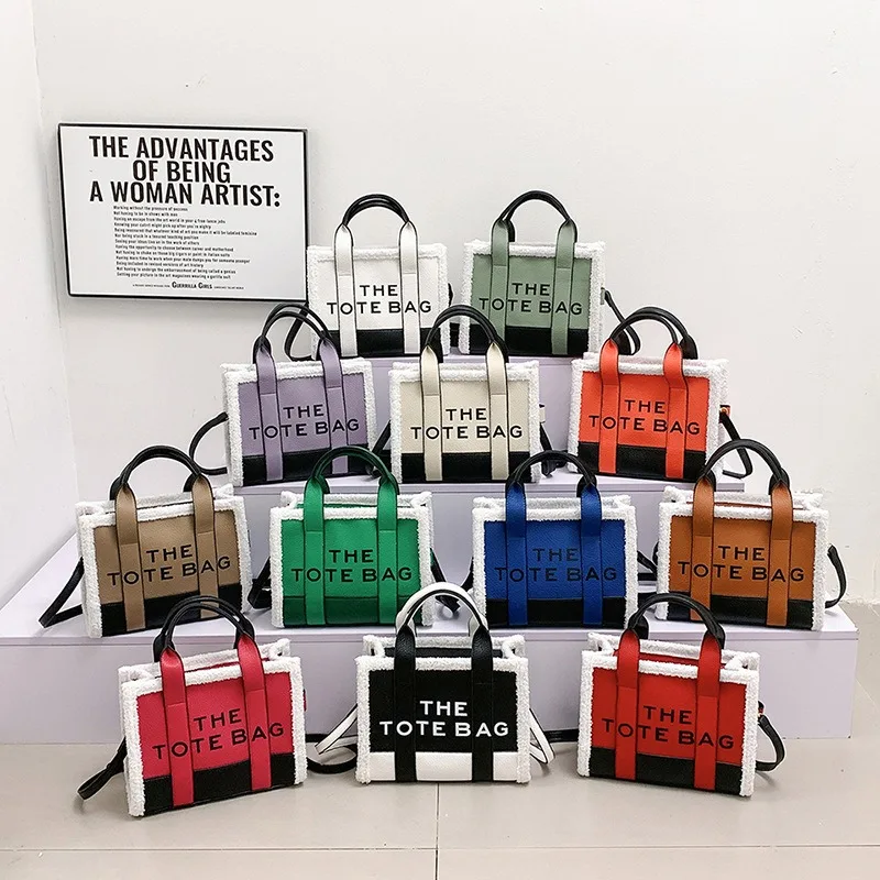 Bolsa tote feminina luxuosa em lote pequeno – bolsa de ombro crossbody grande com retalhos de pele de cordeiro e design em bloco de cores