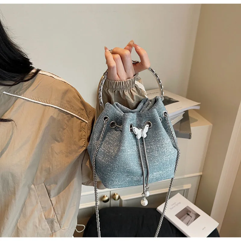 

Drawstring Summer Women Shopping Crossbody Bag All-matched Single Shoulder Bucket Bags MIni Handbag Long Stripe Clutch