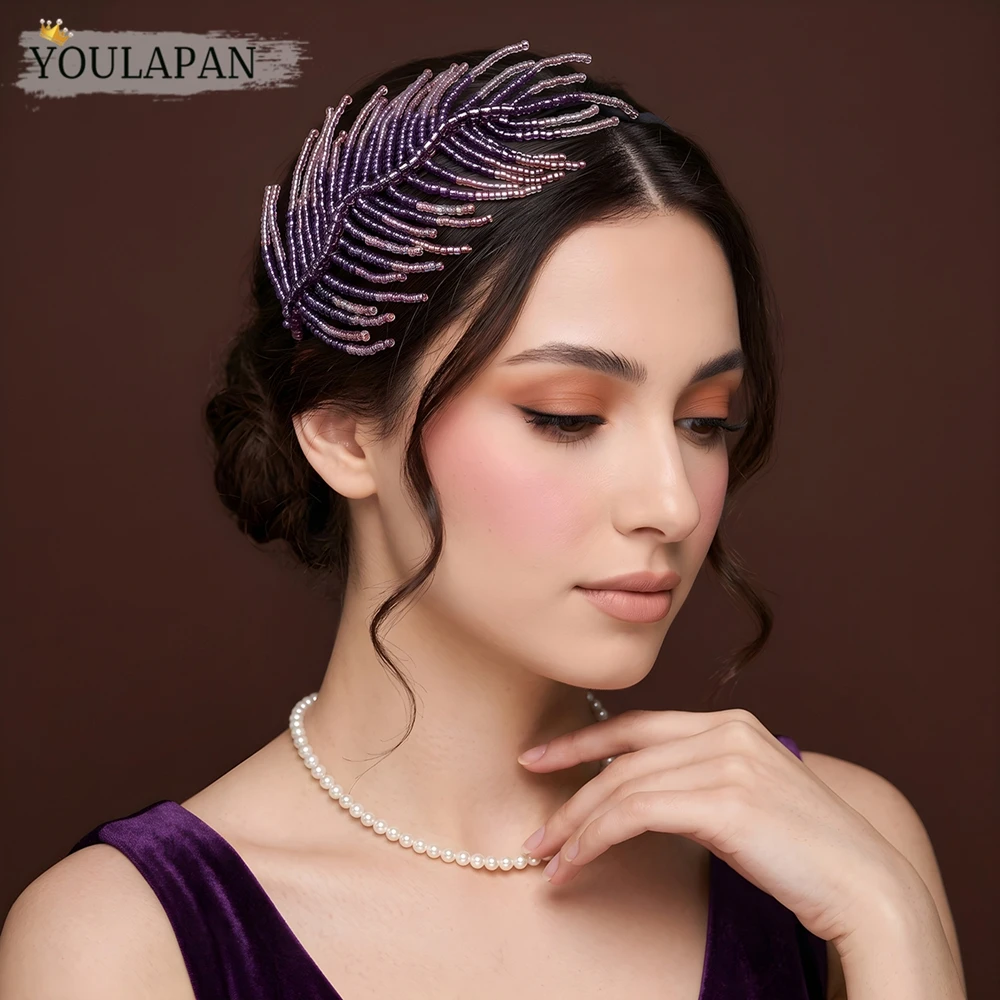 YouLaPan Handmade Beaded Leaf Headband Purple Crystal Hair Hoop Wedding Party Hair Accessories Evening Jewelry Women A19
