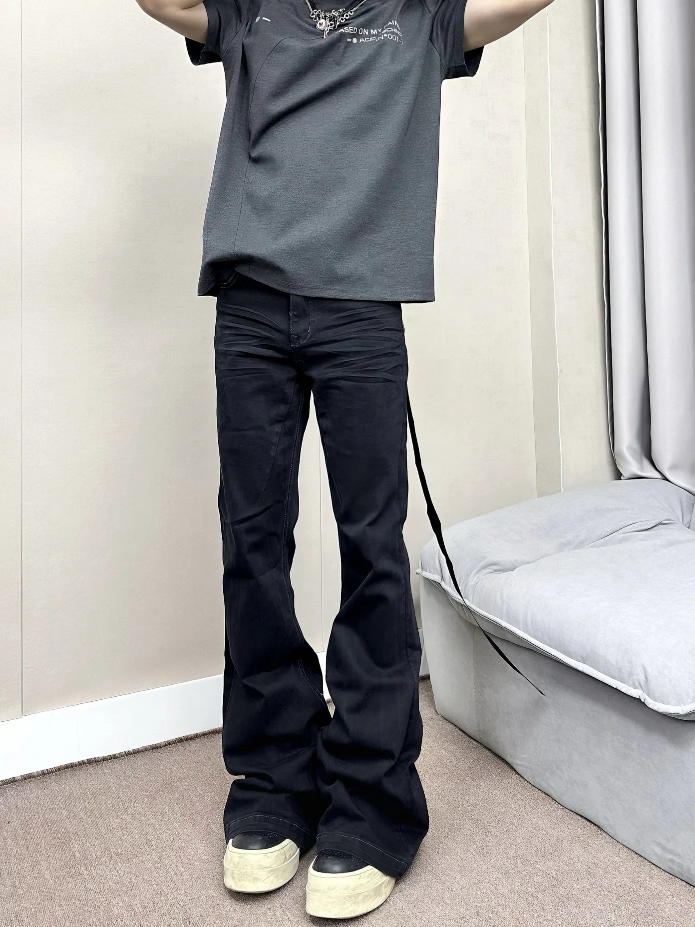 

Мужские расклешенные джинсы с высокой талией и эластичной резинкой на талии, длинные свободные джинсы с прямыми штанинами, модный американский уличный стиль, Cleanfit