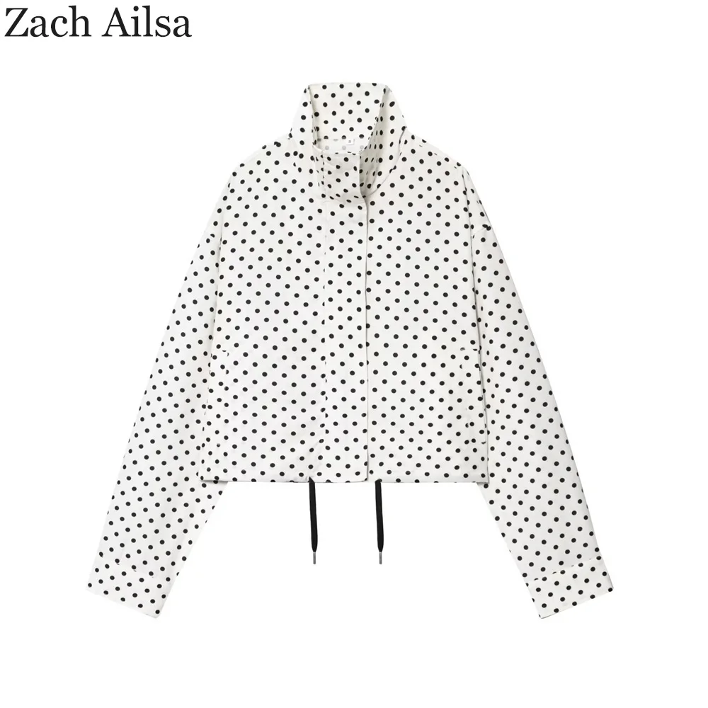 

Autumn new women's clothing hem splicing tie decoration high neck polka dot foam gauze long sleeved jacket