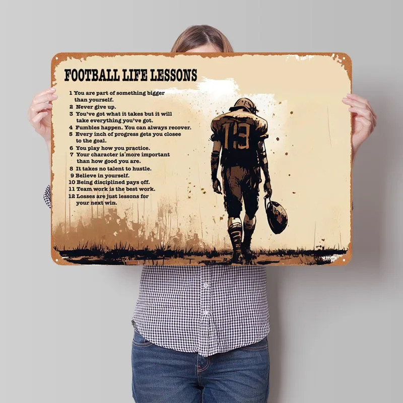 Football Life Lessons Sign Sport Metal Poster Home Decoration Luxury Vintage Metal Tin Sign Plaque for Wall Art Decoration Retro