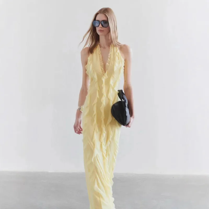 セクシーな V ネック背中の開いたボディコン A ラインドレス無地タイウエストフリルストラップレスドレス夏のファッション女性の休暇ドレス