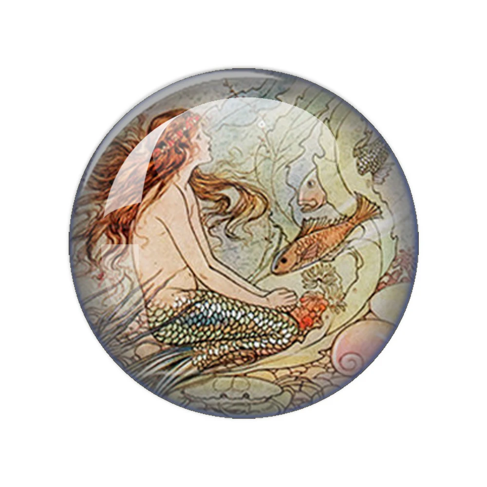 Beauty Mermaid 12pcs 12mm/18mm/20mm/25mm/30mm Round Photo Demo Glass Cabochon Flat Back Making Findings