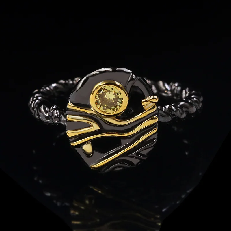 Anillos de cristal de circonita AAA para mujer, joyería Bohemia elegante de lujo, Color negro y dorado, piedra lunar, Serie de flores, tendencia