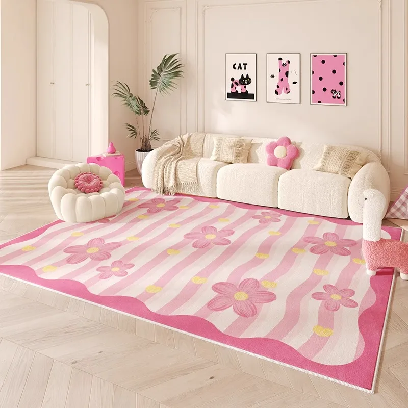 Dopamine Pink Girlish Style Living Room Carpet Sofa Coffee Table Washable Non-slip Floor Mat Bedroom Bedside Cute Soft Plush Rug