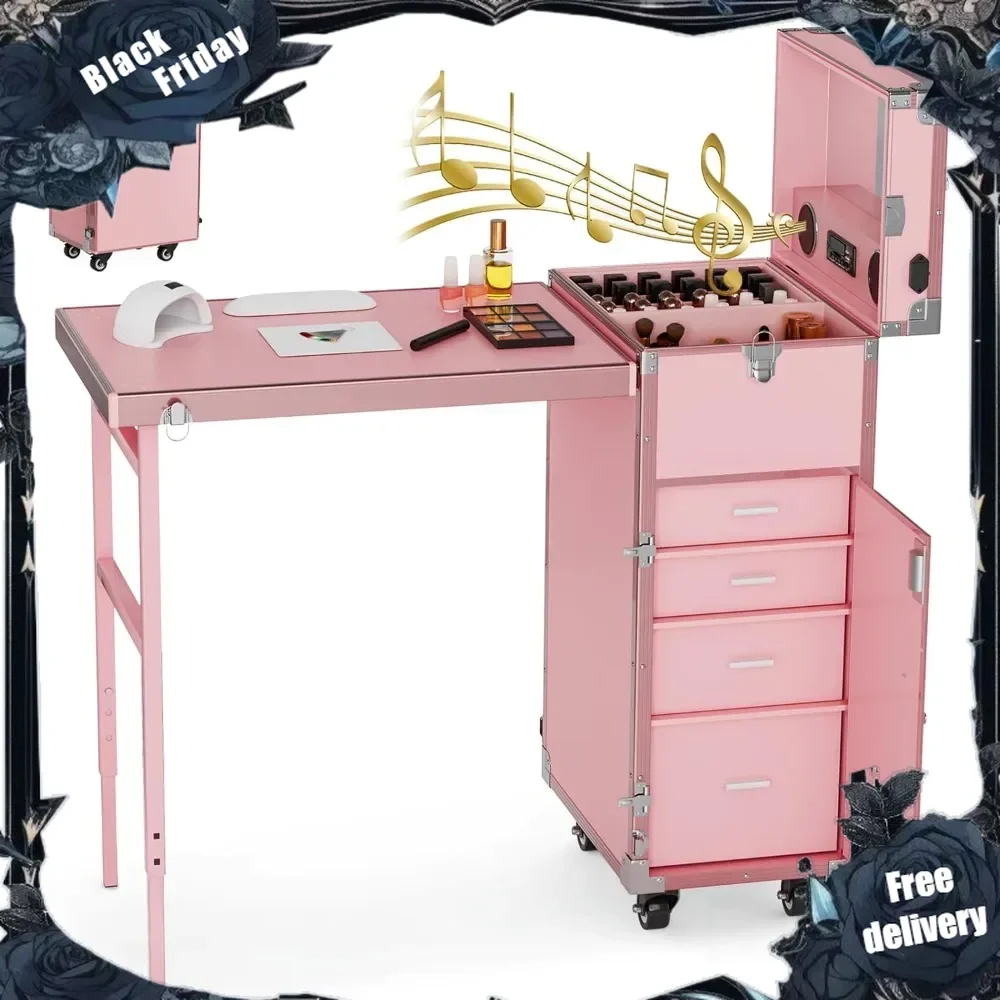 

Rolling Manicure Table Makeup Station w/Speaker, Portable Nail Desk for Nail Teach, Foldable Traveling Nail Desk Organizer Cart