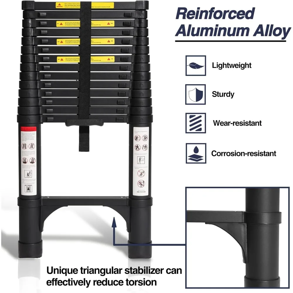 Escalera telescópica de aluminio de 14,5 pies de BOCOM, liviana y plegable para uso multiusos con estabilizadores triangulares duales a