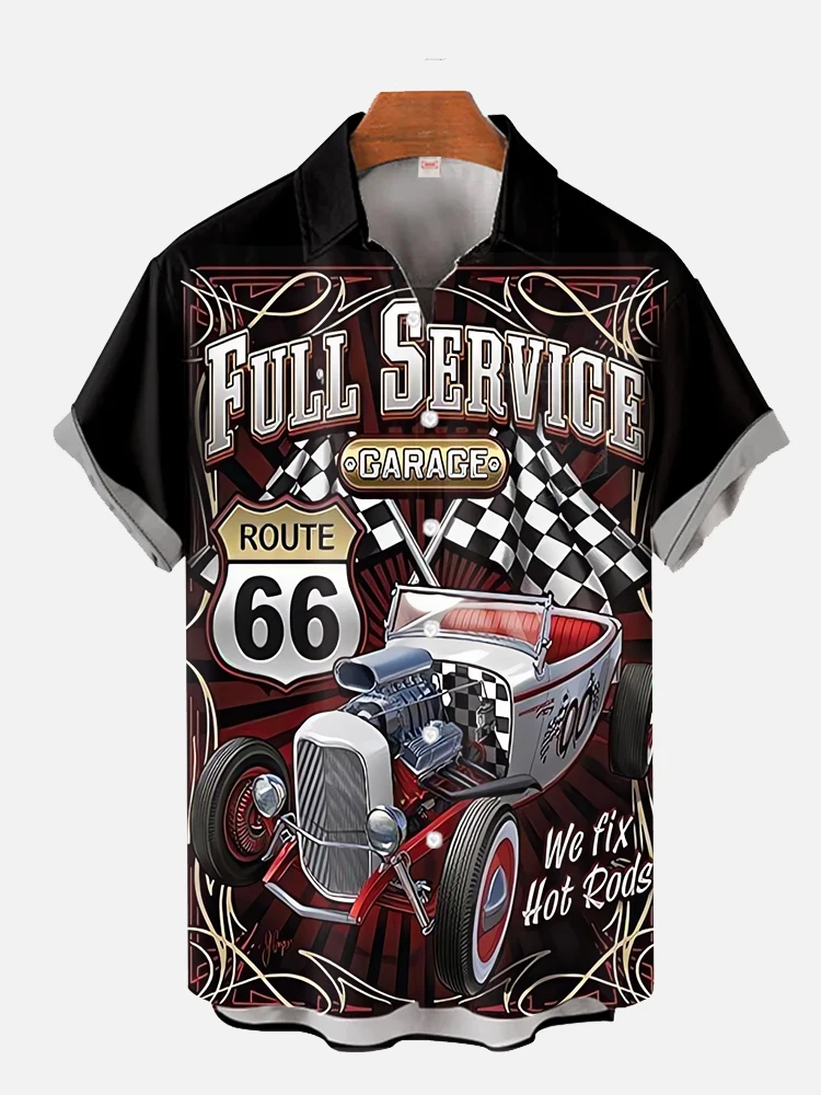 Men's Shirt Tops Classic Car Parked On The Beach Print Shirt Lapel Short Sleeve Shirt Fashion Button Shirt Men's Shirt
