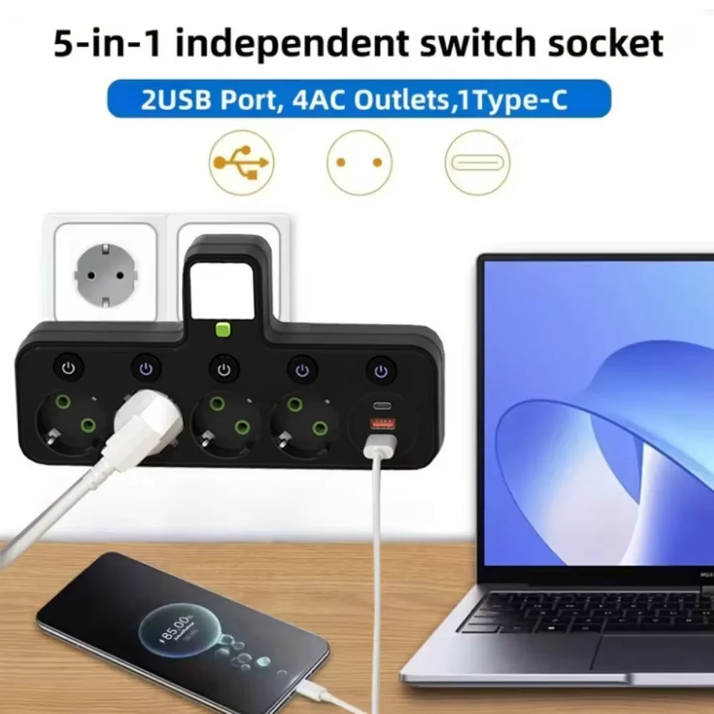 EU Plug Wall Socket with 4 AC Outlets 2 USB 1 Type-C Port On/Off Switch Night Light Home Power Strip