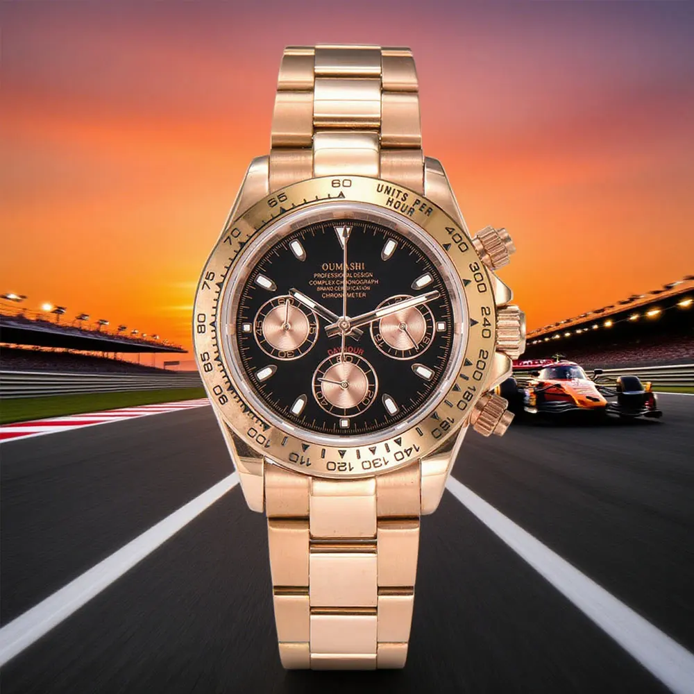 

Мужские часы 39 мм класса люкс, корпус из нержавеющей стали цвета розового золота, синее сапфировое стекло, водонепроницаемые, механизм VK63