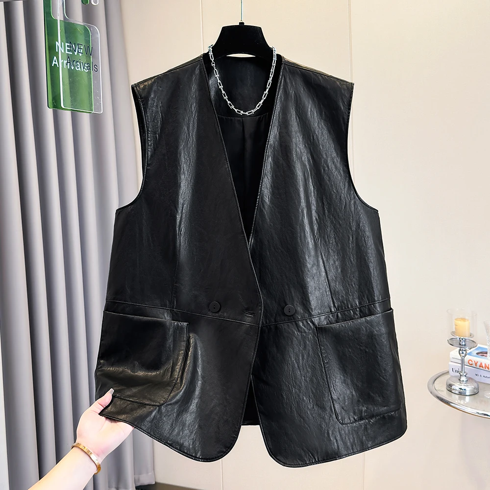 New Spring Autumn Loose PU Leather Vest Soft V-Neck Double Button Pocket Outerwear Fashionable Commuter Style Pure Color