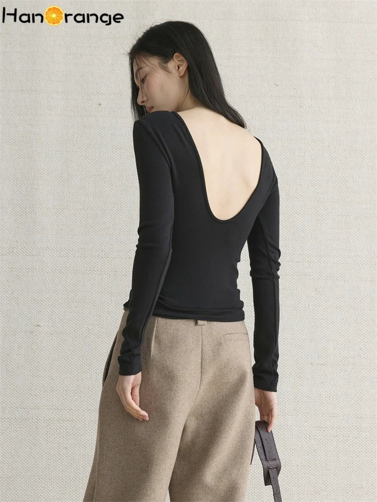 HanOrange 2026 Winter Fashionable Lazy Deep U Backless Long Sleeve T-shirt Slim Skin Friendly Top Tees Black