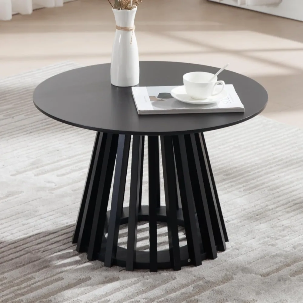 

24 Round Coffee Table, Mid Century Modern Wooden Center Table with Columnar Wood Strips Base Sofa Side Table Circle