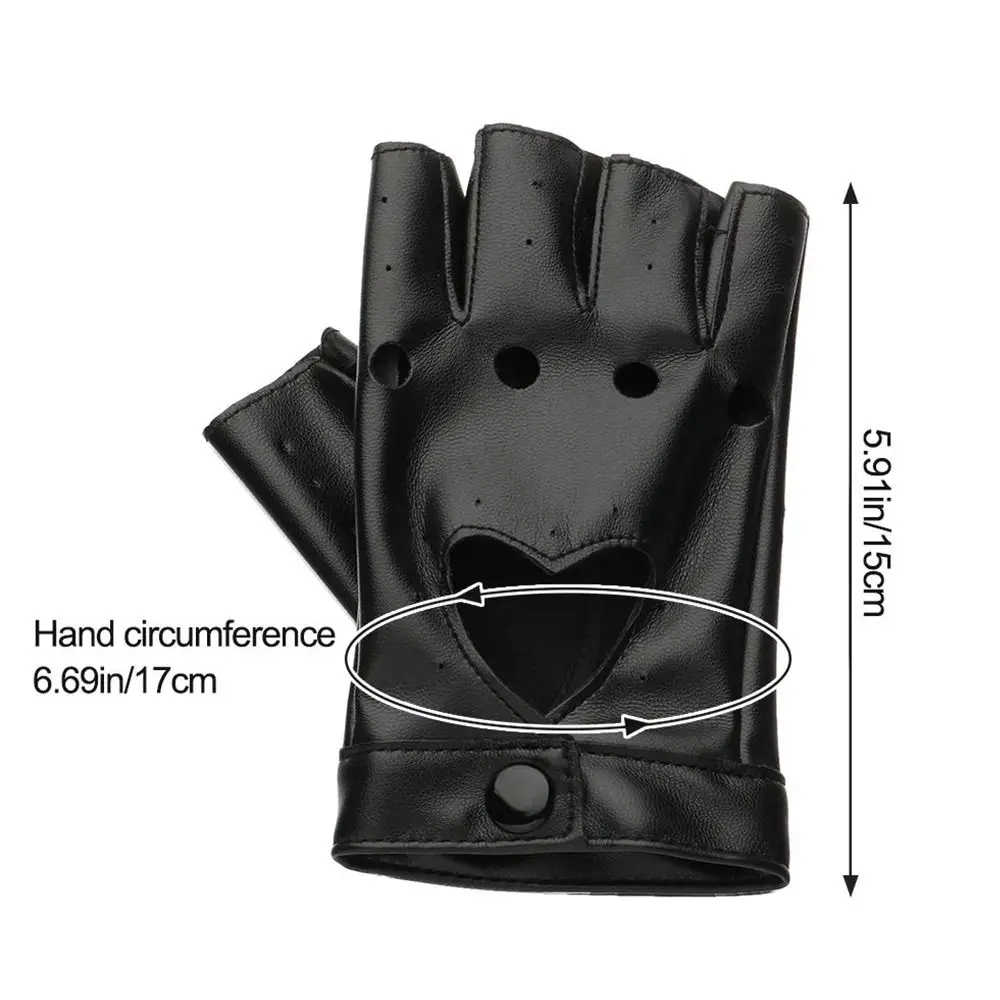 Women Fashion PU Leather Half Finger Gloves Cool Heart Hollow Fingerless Gloves Boy Gloves Girl Five Finger Gothic Party Gloves