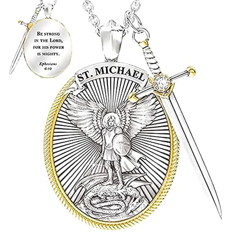 St. Michael Pendant Necklace , Men's Archangel Michael Viking Necklace Pendant, Saint Michael Medal Necklace with Sword Shield