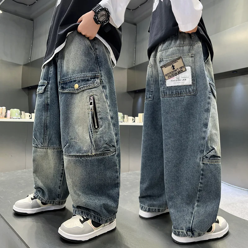 High Quality Kids Heavy Work Baggy Cargo Jeans for Teens Boy Loose Fit Pocket Denim Pants Tweens Child Fashion Jeans Trousers