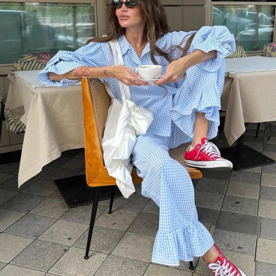 2026 Spring New Fresh Sweet Plaid Ruffle Long Sleeve Shirt Long Pants Women Casual Comfortable Two Piece Set